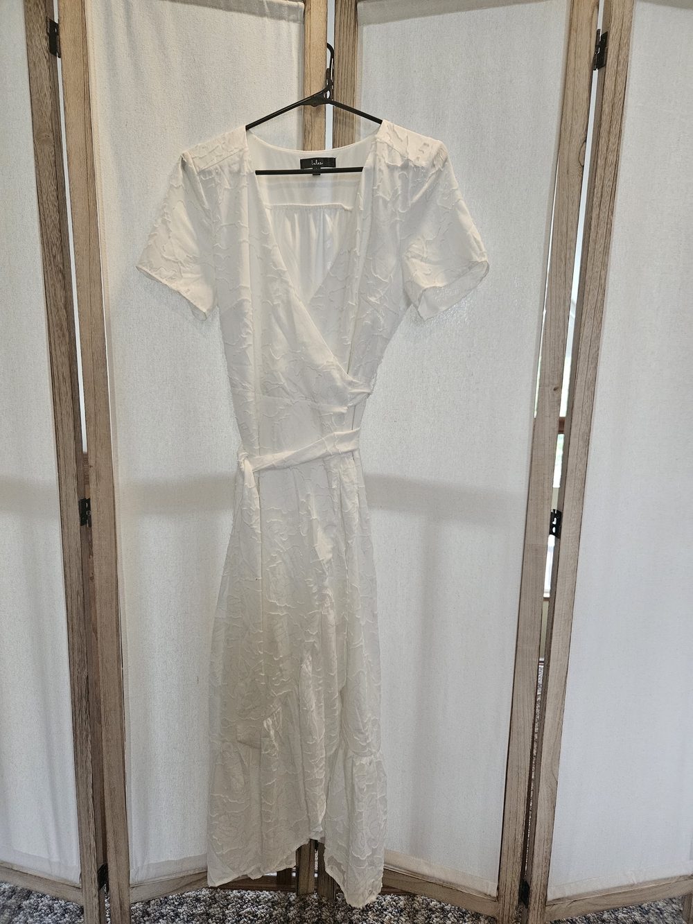 Lulu's Ivory Wrap Midi Dress with Short Sleeves